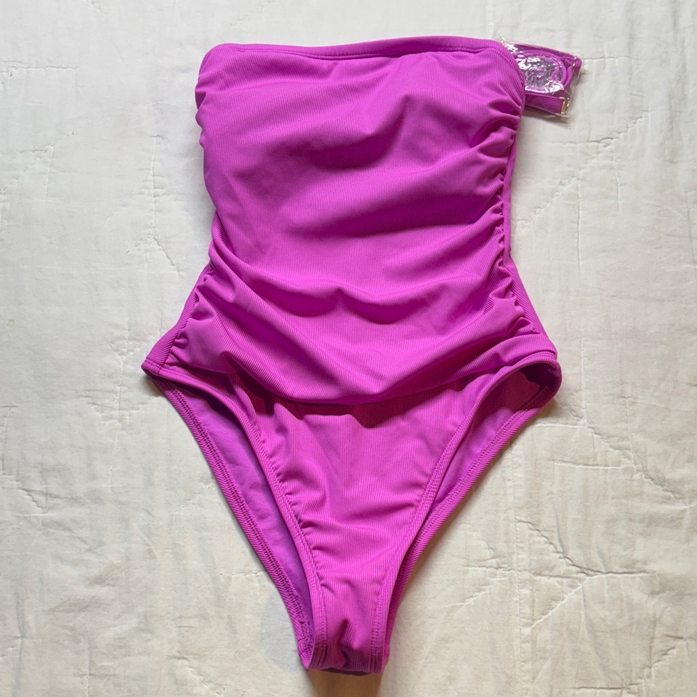 Shade & Shore Pink Ribbed Bandeau High-Leg One-Piece‎ Swimsuit NWT Size S